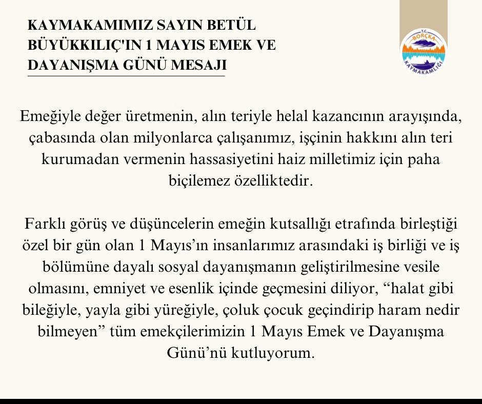Kaymakamımız Sayın Betül BÜYÜKKILIÇ'ın 1 Mayıs Emek ve Dayanışma Günü Mesajı 